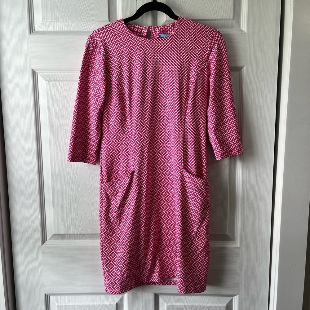 J.McLaughlin XS Pink White Red 3/4 Sleeve Knee Length Pocket Pencil Dress